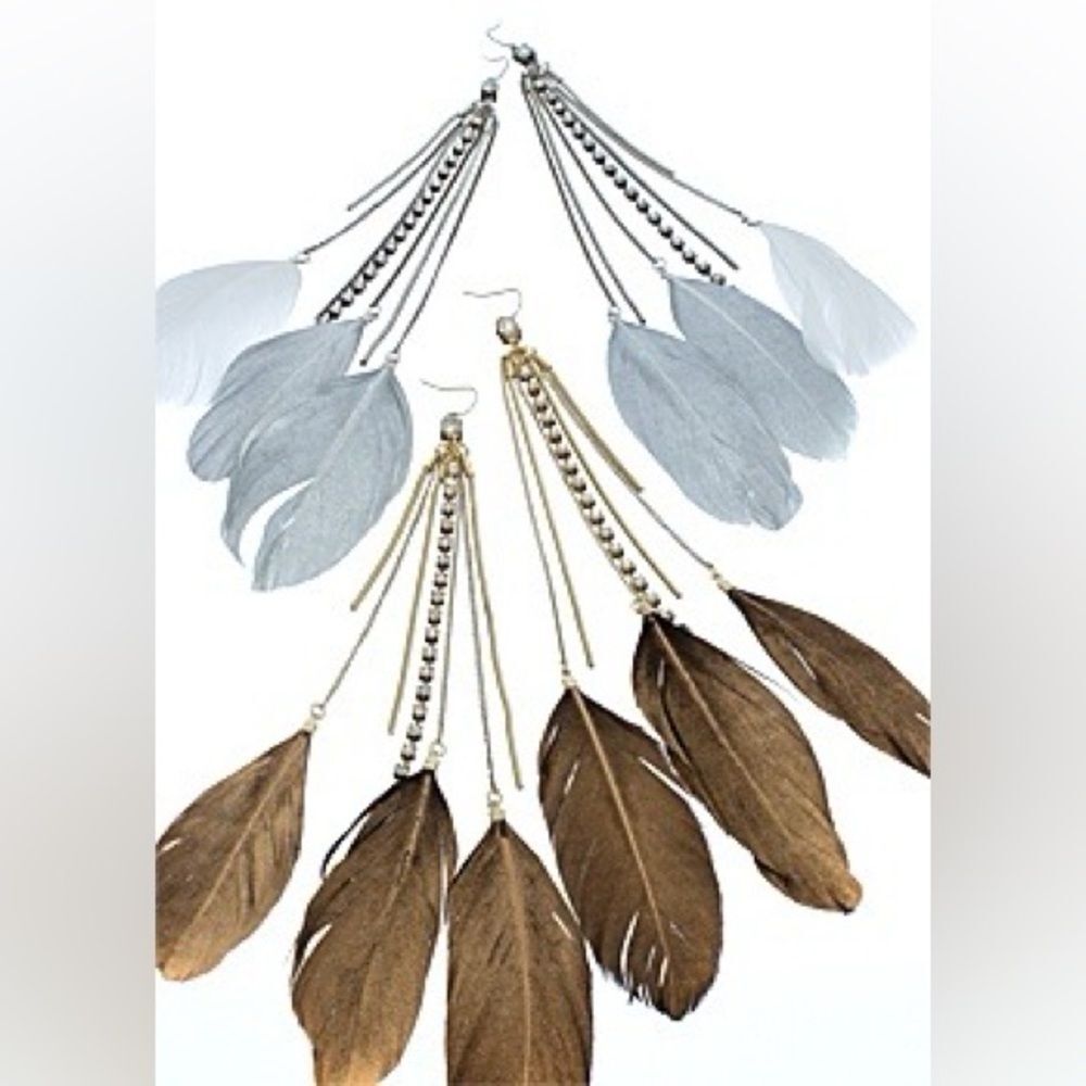 All The Rage Two Tone Sensational Dangling Chained Feathered Earrings